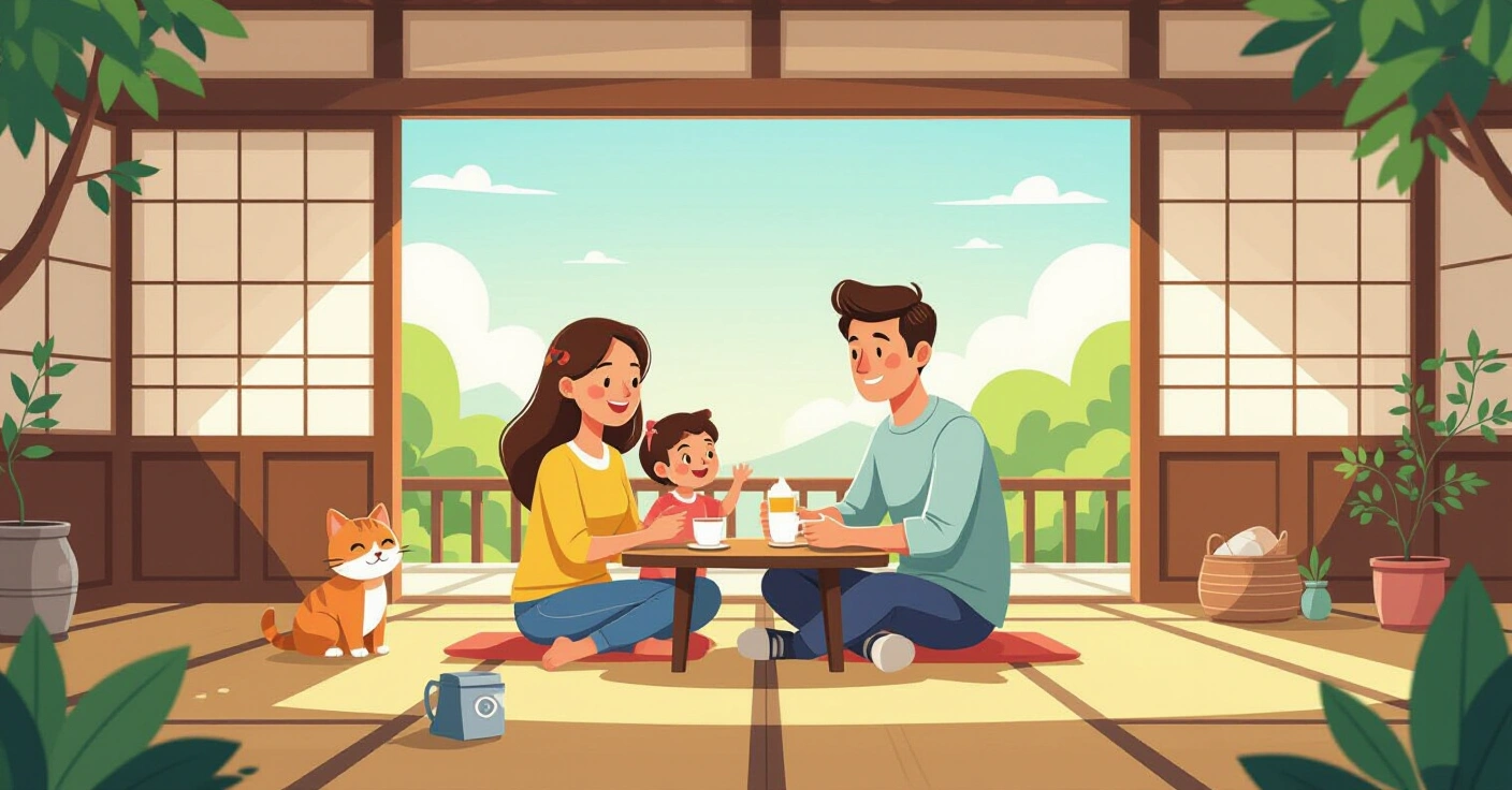 Minh họa cặp vợ chồng đa văn hóa ngồi cạnh nhau trong căn hộ hiện đại tại Nhật Bản, cùng nhau chuẩn bị tâm lý làm cha mẹ