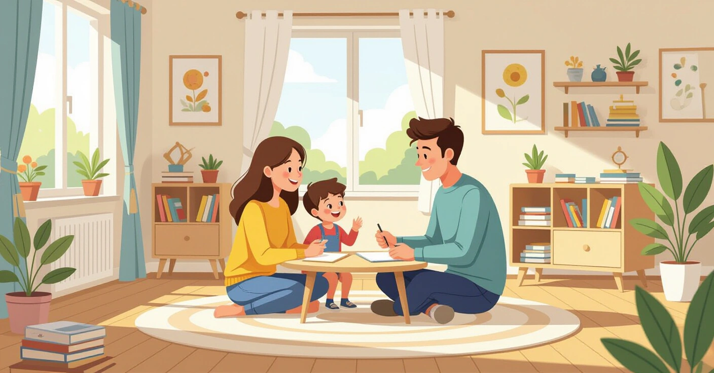 Minh họa phòng học Montessori sáng sỏa với kệ đồ chơi thấp và trẻ em tự do khám phá