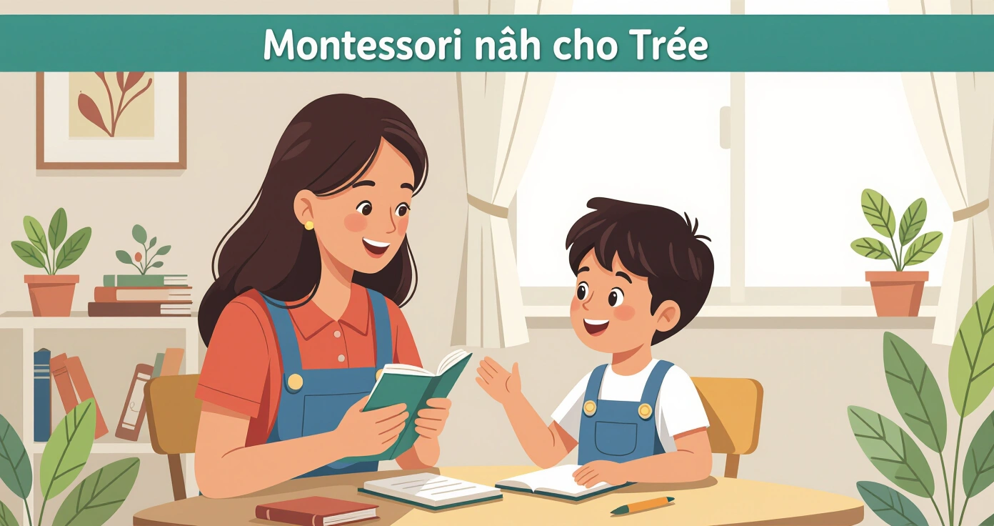 Trẻ em nhiều độ tuổi chơi với đồ chơi Montessori tự nhiên trên sàn tatami với kệ gỗ thấp và giỏ đan