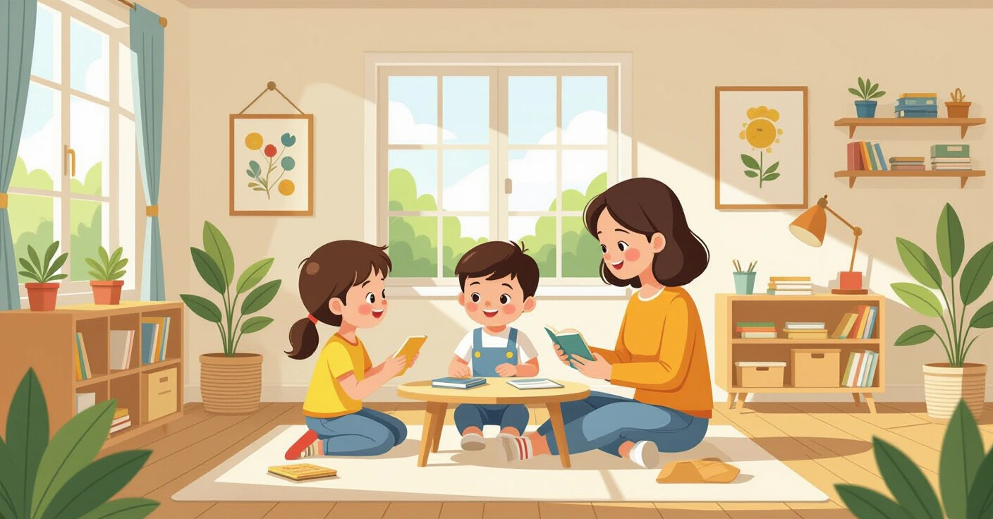Cha mẹ hướng dẫn trẻ mới biết đi khám phá giáo cụ Montessori trong không gian sáng tại nhà kiểu Nhật