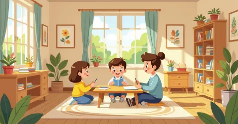Cha mẹ và trẻ nhỏ đang sử dụng thẻ chữ cái cát Montessori tại bàn học thấp trong phòng sáng
