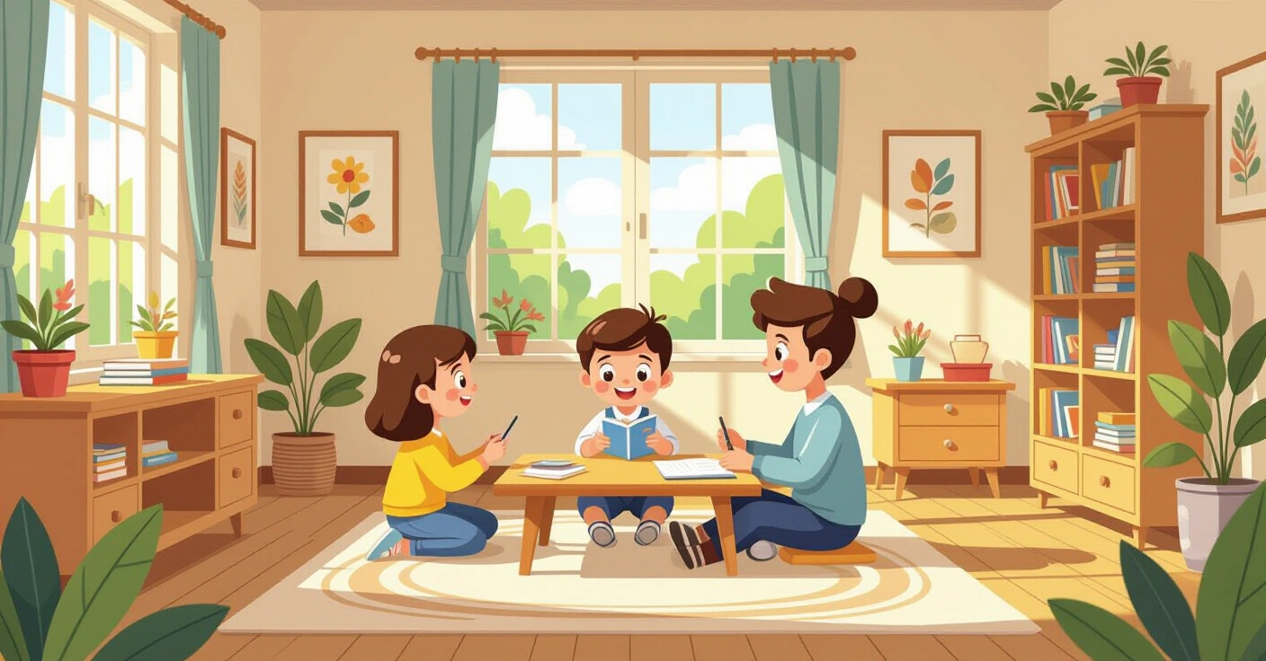 Cha mẹ và trẻ nhỏ đang sử dụng thẻ chữ cái cát Montessori tại bàn học thấp trong phòng sáng