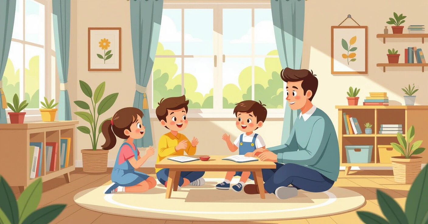 Trẻ em đa văn hóa đang làm việc độc lập với giáo cụ Montessori trong lớp học sáng sủA, kệ gỗ thấp, phong cách minh họa hiện đại