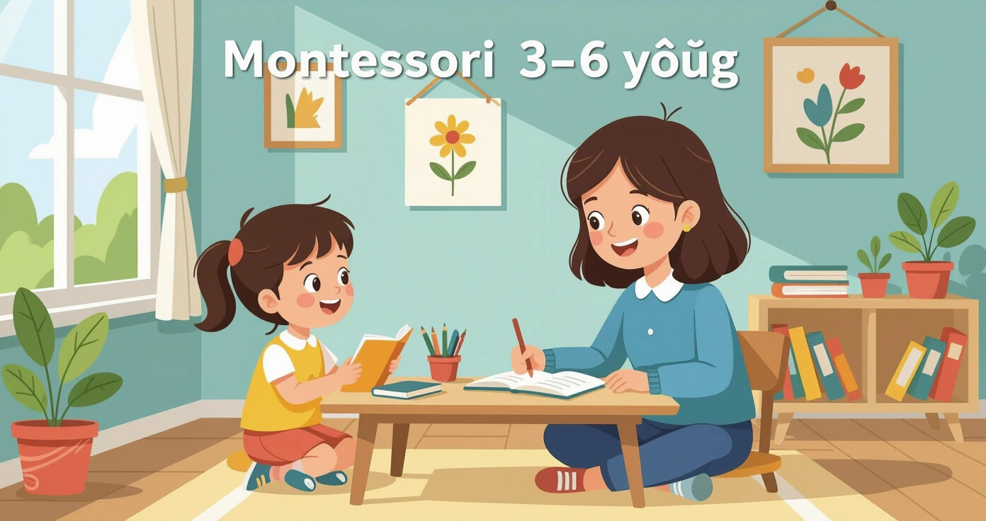 Cha mẹ và trẻ đang sắp xếp giáo cụ thực hành cuộc sống trên kệ thấp trong phòng khách kiểu Nhật