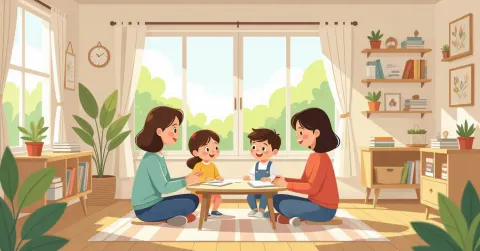 Phòng học Montessori sáng sủ tại Nhật Bản với giáo cụ gỗ và trẻ em đang học tập độc lập