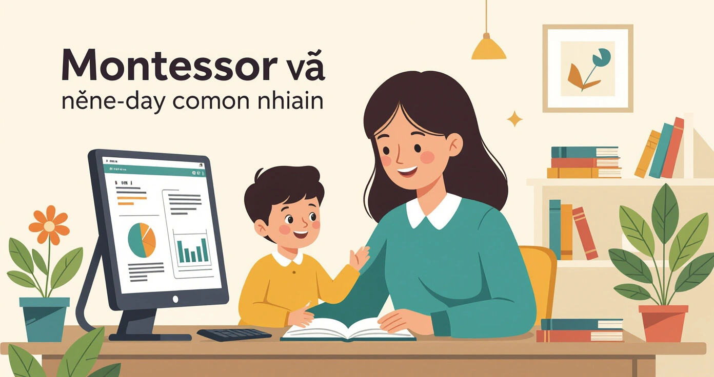 Trẻ mầm non đang sắp xếp khối gỗ màu sắc trên kệ Montessori thay vì cầm máy tính bảng