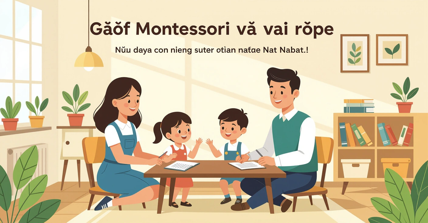 Giáo viên Montessori đang hướng dẫn trẻ em trong lớp học sáng sủả với giáo cụ chuyên biệt