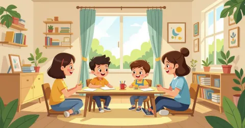Minh họa trẻ em đa văn hóa ngồi tại bàn học trường tiểu học Nhật Bản, phong cách minh họa phẳng hiện đại