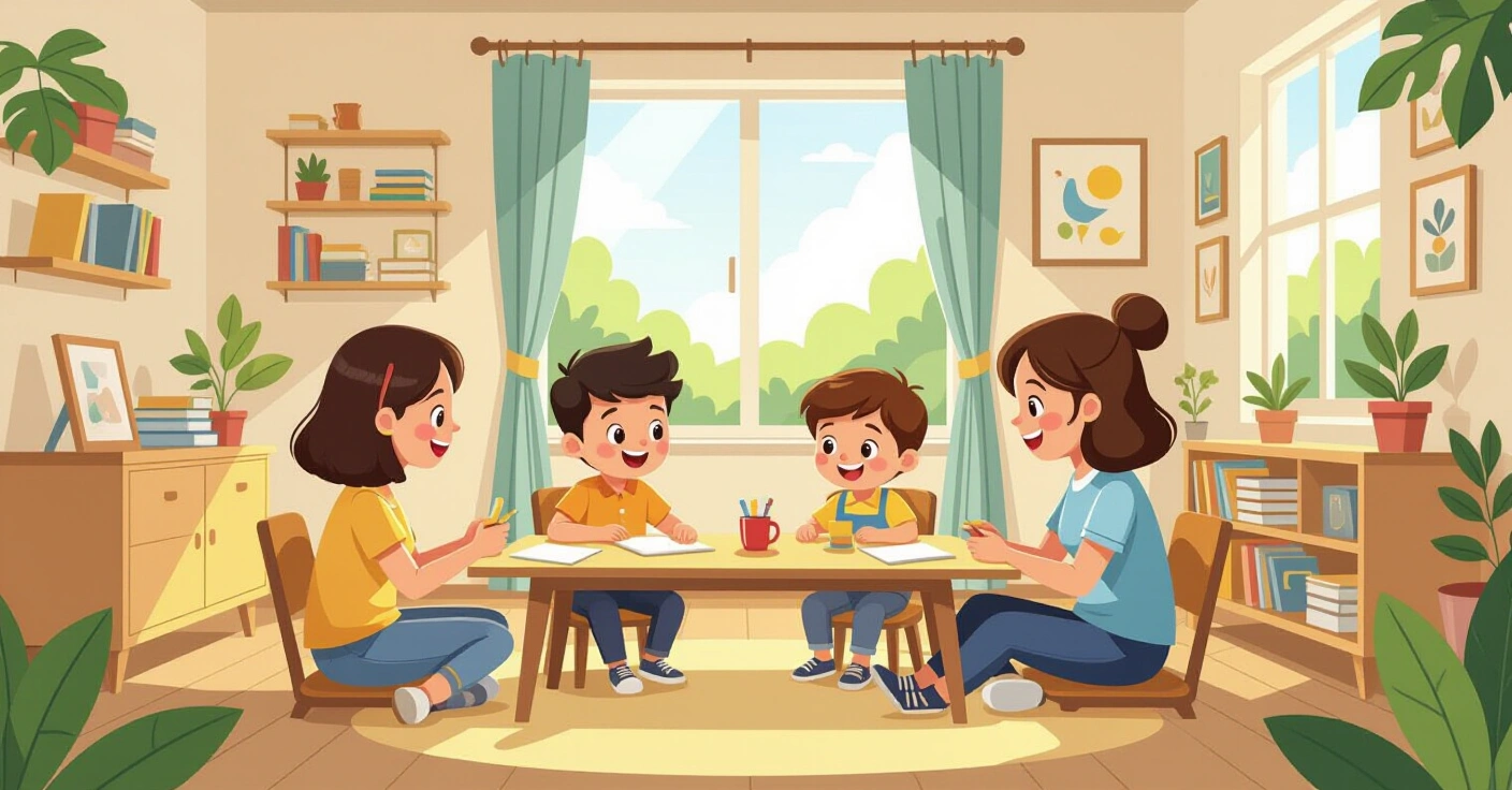Minh họa trẻ em đa văn hóa ngồi tại bàn học trường tiểu học Nhật Bản, phong cách minh họa phẳng hiện đại