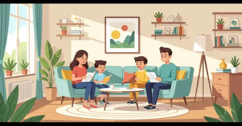 Gia đình đa văn hóa đang đóng gói đồ đạc trong căn hộ Nhật Bản, trẻ em cầm thú bông, phong cách minh họa vector hiện đại