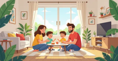Cha mẹ nước ngoài ôm con trước thùng carton chuyển nhà trong căn hộ sáng Nhật Bản