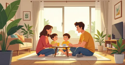 Gia đình đa văn hóa Việt-Nhật cùng nhau đọc sách trong phòng khách kiểu Nhật hiện đại, minh họa phong cách flat vector thân thiện