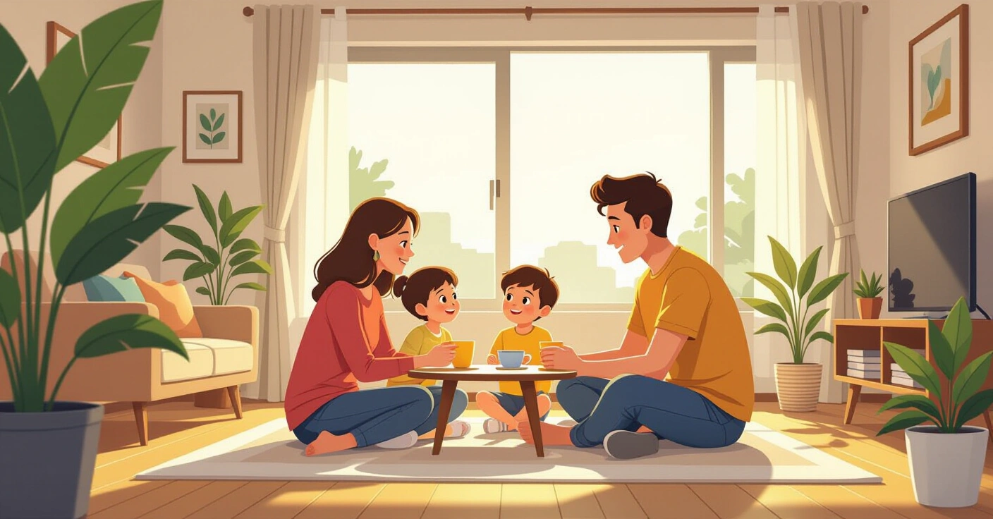Gia đình đa văn hóa Việt-Nhật cùng nhau đọc sách trong phòng khách kiểu Nhật hiện đại, minh họa phong cách flat vector thân thiện
