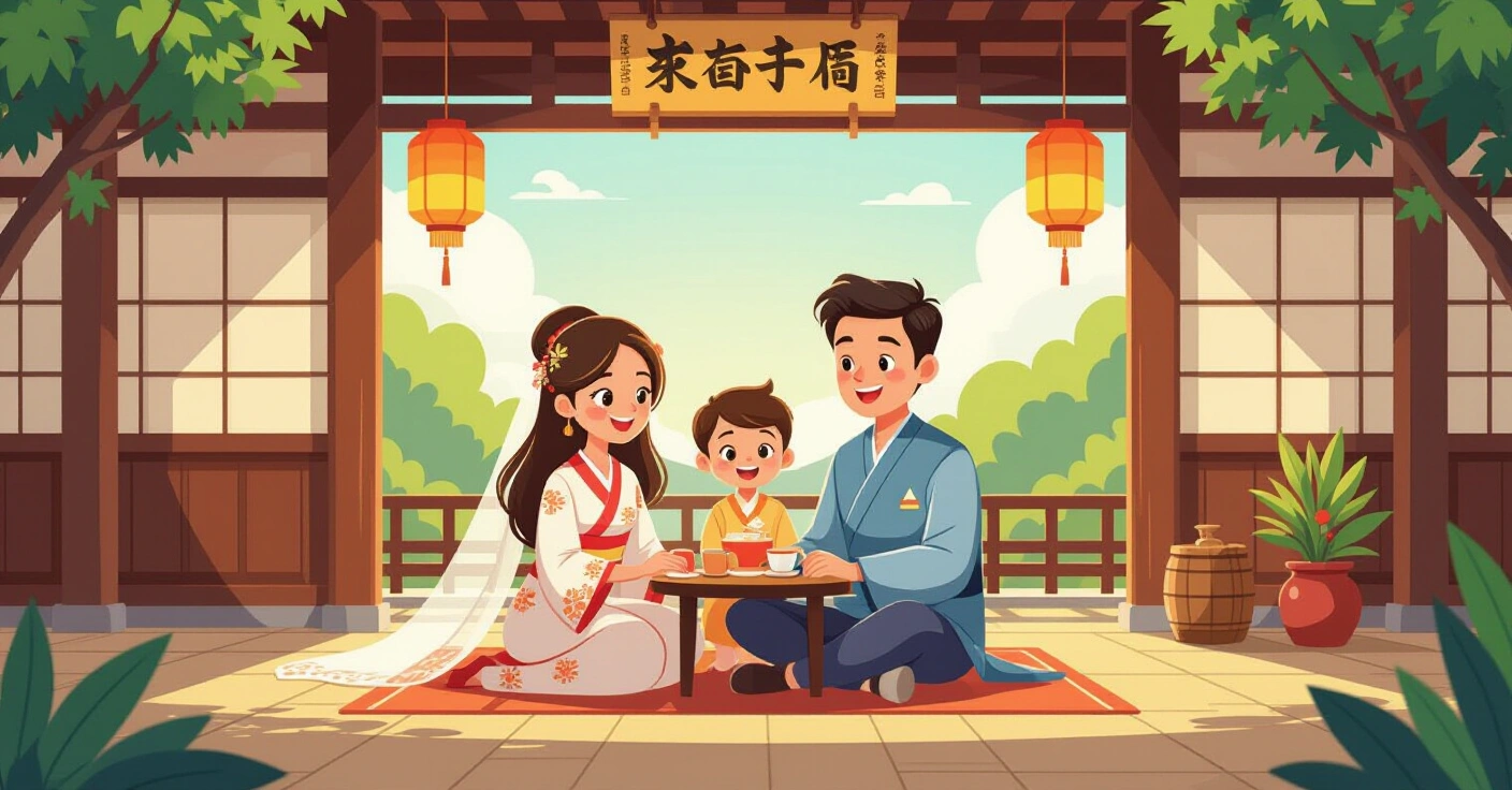 Minh họa lễ cưới đa văn hóa kết hợp áo dài Việt Nam và shiromuku Nhật Bản trong không gian trang trọng