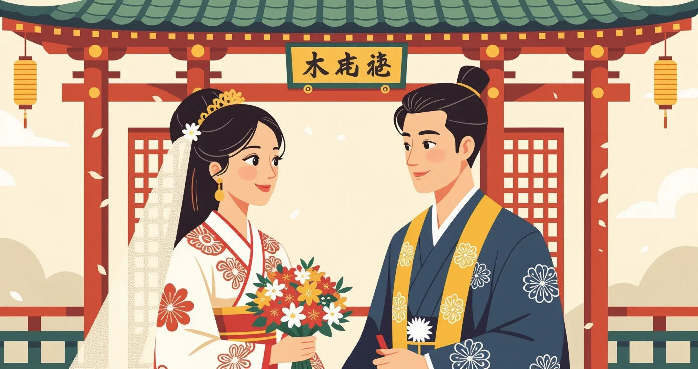 Cô dâu mặc áo dài đỏ truyền thống Việt Nam đứng cạnh cô dâu mặc shiromuku trắng trong lễ cưới Thần đạo Nhật Bản