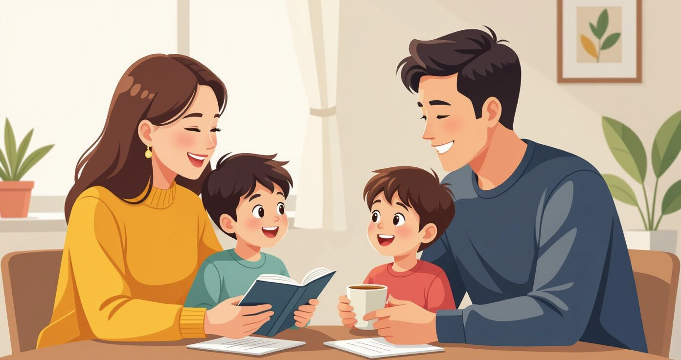 Gia đình ba người đang trò chuyện đa ngôn ngữ xung quanh bàn ăn