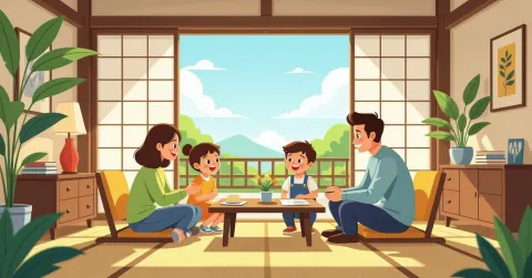 Phụ huynh nước ngoài cùng con trẻ đang chuẩn bị hồ sơ nhập quốc tịch Nhật Bản tại bàn làm việc