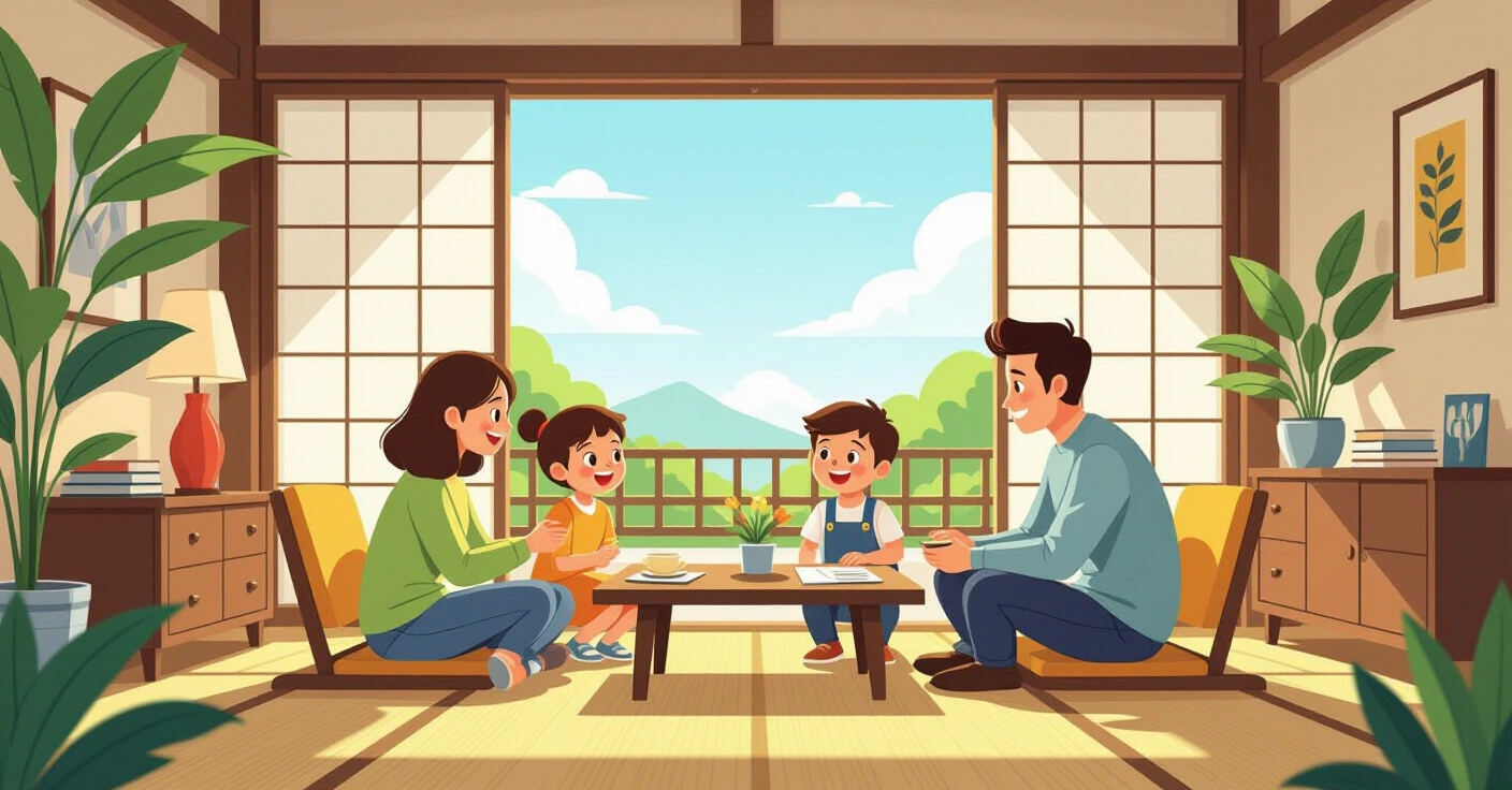 Phụ huynh nước ngoài cùng con trẻ đang chuẩn bị hồ sơ nhập quốc tịch Nhật Bản tại bàn làm việc
