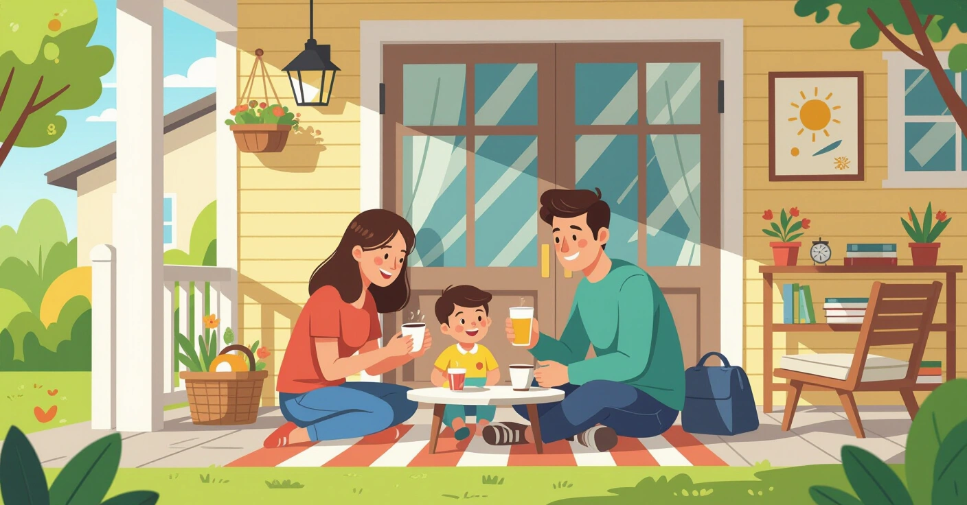 Gia đình đa văn hóa chào hỏi hàng xóm Nhật trước cửa nhà