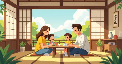 Gia đình đa văn hóa tham gia lễ hội khu phố Nhật Bản với đèn lồng và gian hàng thức ăn
