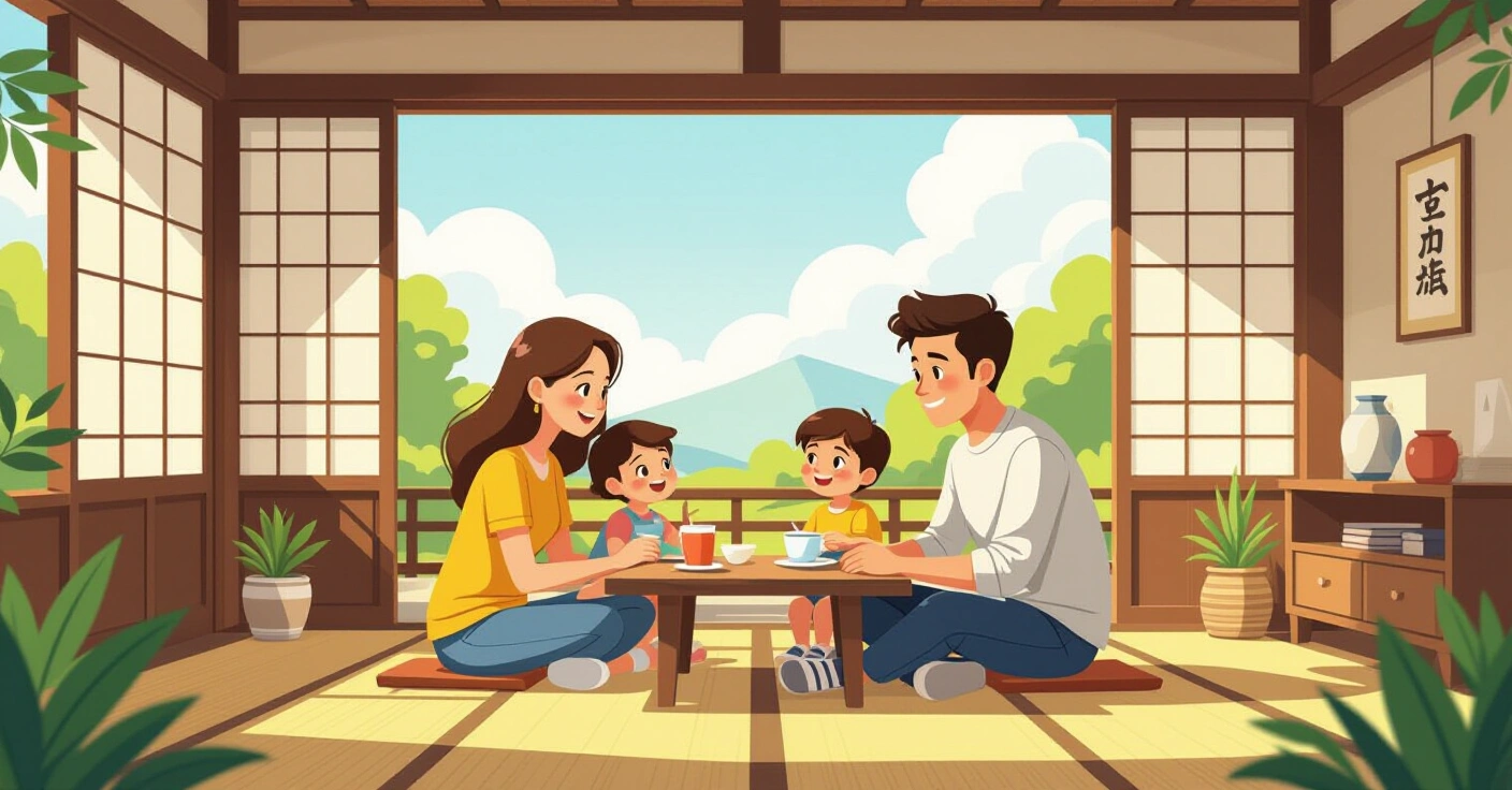 Gia đình đa văn hóa tham gia lễ hội khu phố Nhật Bản với đèn lồng và gian hàng thức ăn