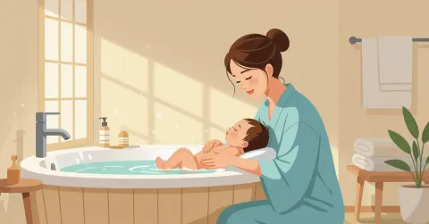  Minh họa cha mẹ nhẹ nhàng tắm cho trẻ sơ sinh trong phòng tắm kiểu Nhật với ghế tắm mềm và ánh sáng ấm áp