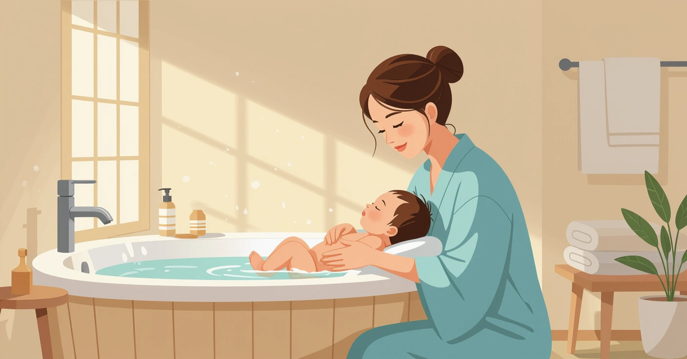  Minh họa cha mẹ nhẹ nhàng tắm cho trẻ sơ sinh trong phòng tắm kiểu Nhật với ghế tắm mềm và ánh sáng ấm áp