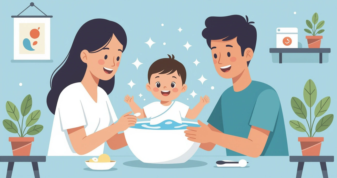 Minh họa cha mẹ đang nhẹ nhàng tắm cho trẻ sơ sinh trong chậu tắm kiểu Nhật tại nhà
