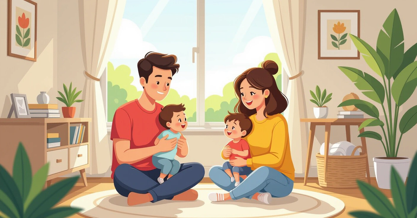 Gia đình đa văn hóa chăm sóc trẻ sơ sinh trong căn hộ hiện đại tại Nhật Bản