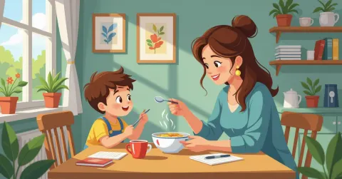 Cha mẹ đang bế trẻ sơ sinh trong phòng khách Nhật Bản ấm áp, minh họa editorial phong cách flat vector