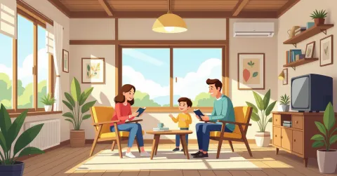 Phụ huynh đang kiểm tra thân nhiệt cho trẻ sơ sinh trong căn hộ hiện đại tại Nhật Bản