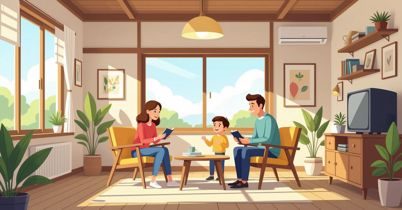 Phụ huynh đang kiểm tra thân nhiệt cho trẻ sơ sinh trong căn hộ hiện đại tại Nhật Bản
