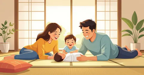 Cha mẹ nước ngoài đang tummy time cho bé sơ sinh trên tatami trong phòng sáng kiểu Nhật