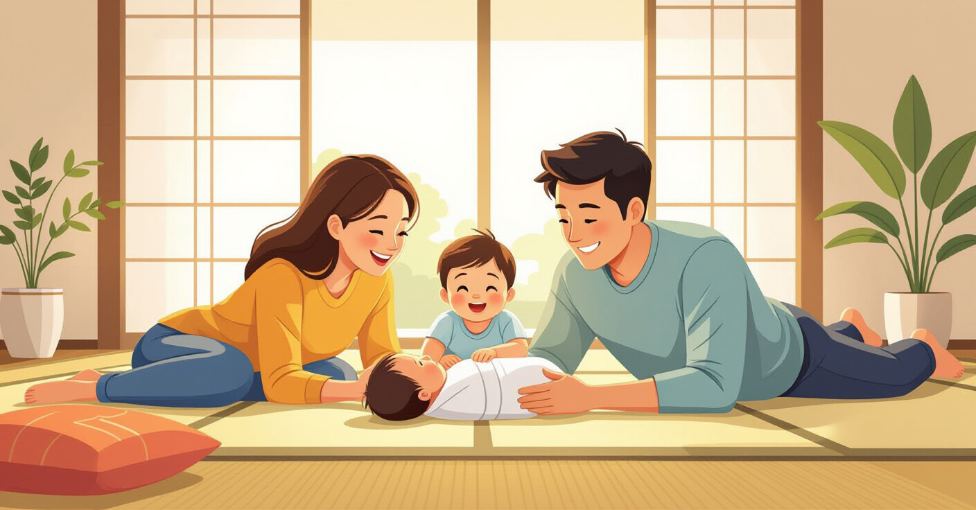 Cha mẹ nước ngoài đang tummy time cho bé sơ sinh trên tatami trong phòng sáng kiểu Nhật