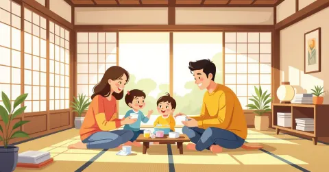 Gia đình đa văn hóa chuẩn bị đồ dùng cho bé sơ sinh trong căn hộ Nhật Bản hiện đại