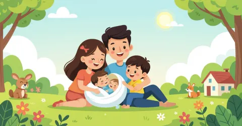 Gia đình đa văn hóa với trẻ sơ sinh đang ngủ yên trong phòng trẻ kiểu Nhật hiện đại, ánh sáng dịu nhẹ