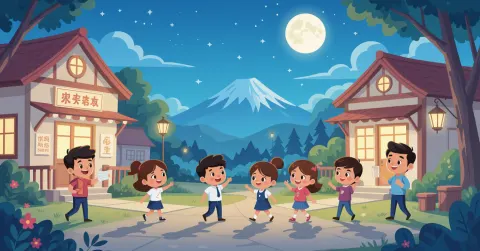 Phụ huynh nước ngoài đón con tại hoikuen ban đêm ở Nhật Bản với ánh đèn ấm áp