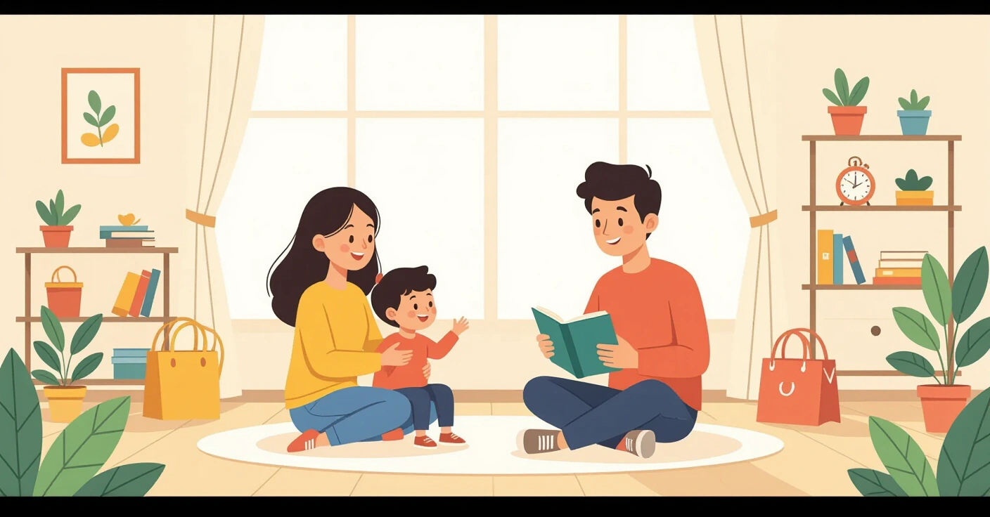 Minh họa các sản phẩm chăm sóc trẻ em và công cụ làm cha mẹ trên nền tatami sạch sẽ, phong cách flat vector hiện đại