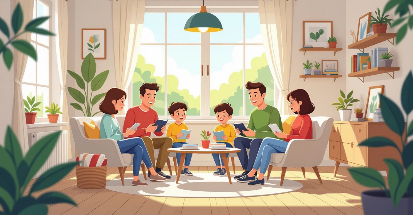 Nhóm các bà mẹ từ nhiều quốc gia trò chuyện tại công viên Nhật Bản, phong cách minh họa hiện đại