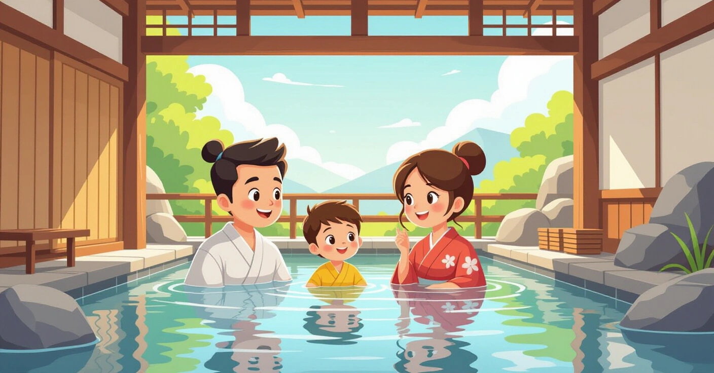 Gia đình đa văn hóa thư giãn tại phòng tắm onsen riêng với cảnh núi Nhật Bản phía sau, phong cách minh họa editorial hiện đại