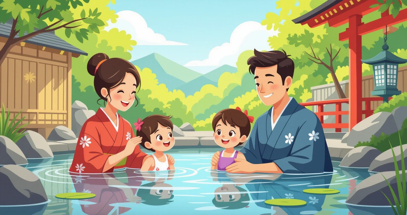 Cha mẹ hướng dẫn trẻ nhỏ tắm rửa trước khi vào bể onsen trong phòng tắm gia đình