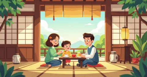 Gia đình đa văn hóa đón năm mới Oshogatsu trong ngôi nhà Nhật hiện đại với kadomatsu và osechi