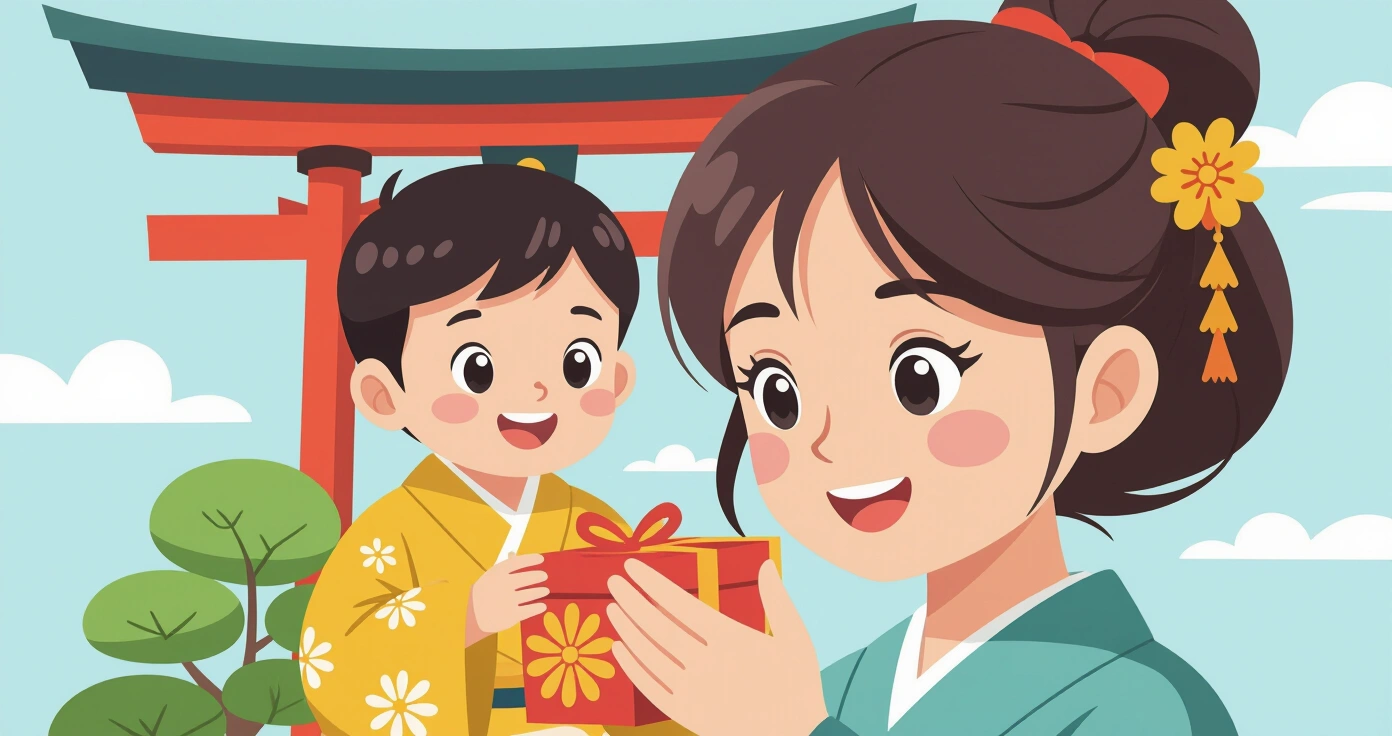 Trẻ em mở phong bao otoshidama trong trang phục kimono truyền thống