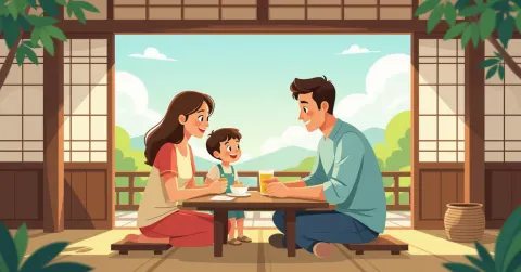 Gia đình đa văn hóa đang sắp xếp vali du lịch cùng trẻ nhỏ trong phòng khách sáng sủ tại Nhật Bản