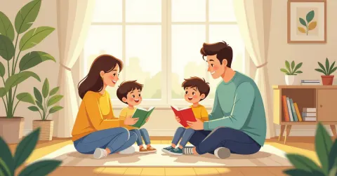 Cha mẹ đa văn hóa ôm con trong phòng khách hiện đại tại Nhật Bản, biểu cảm ấm áp và yêu thương