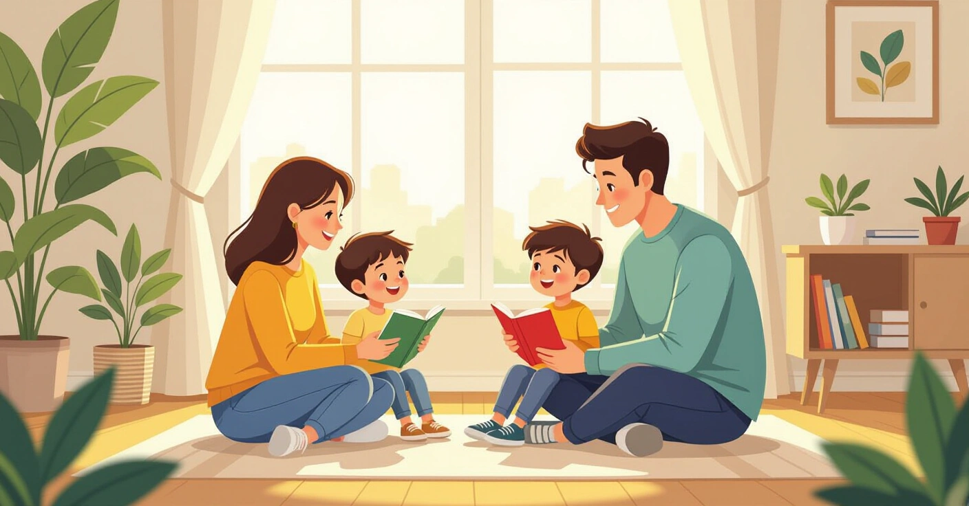 Cha mẹ đa văn hóa ôm con trong phòng khách hiện đại tại Nhật Bản, biểu cảm ấm áp và yêu thương