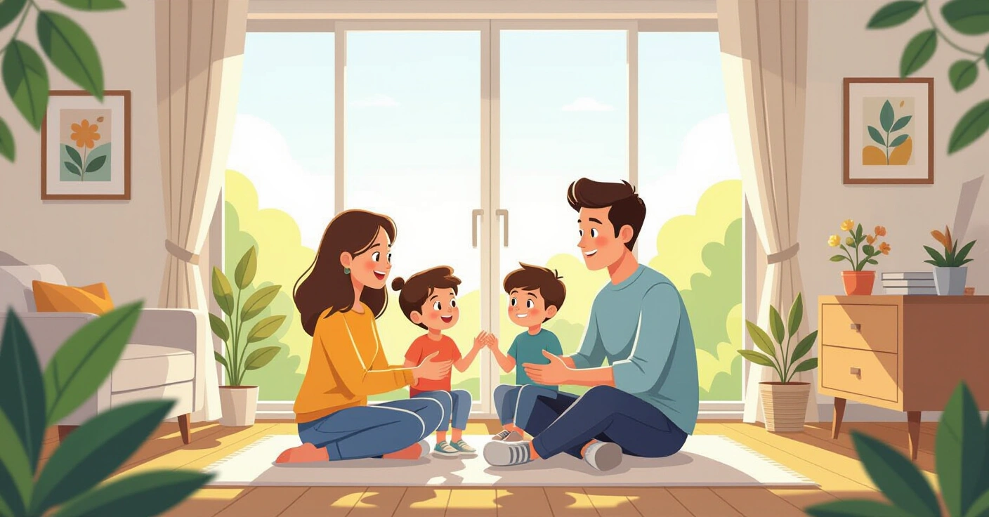 Minh họa gia đình đa văn hóa trong phòng khách Nhật Bản sáng sủạ, cha mẹ cất điện thoại và chơi cùng con