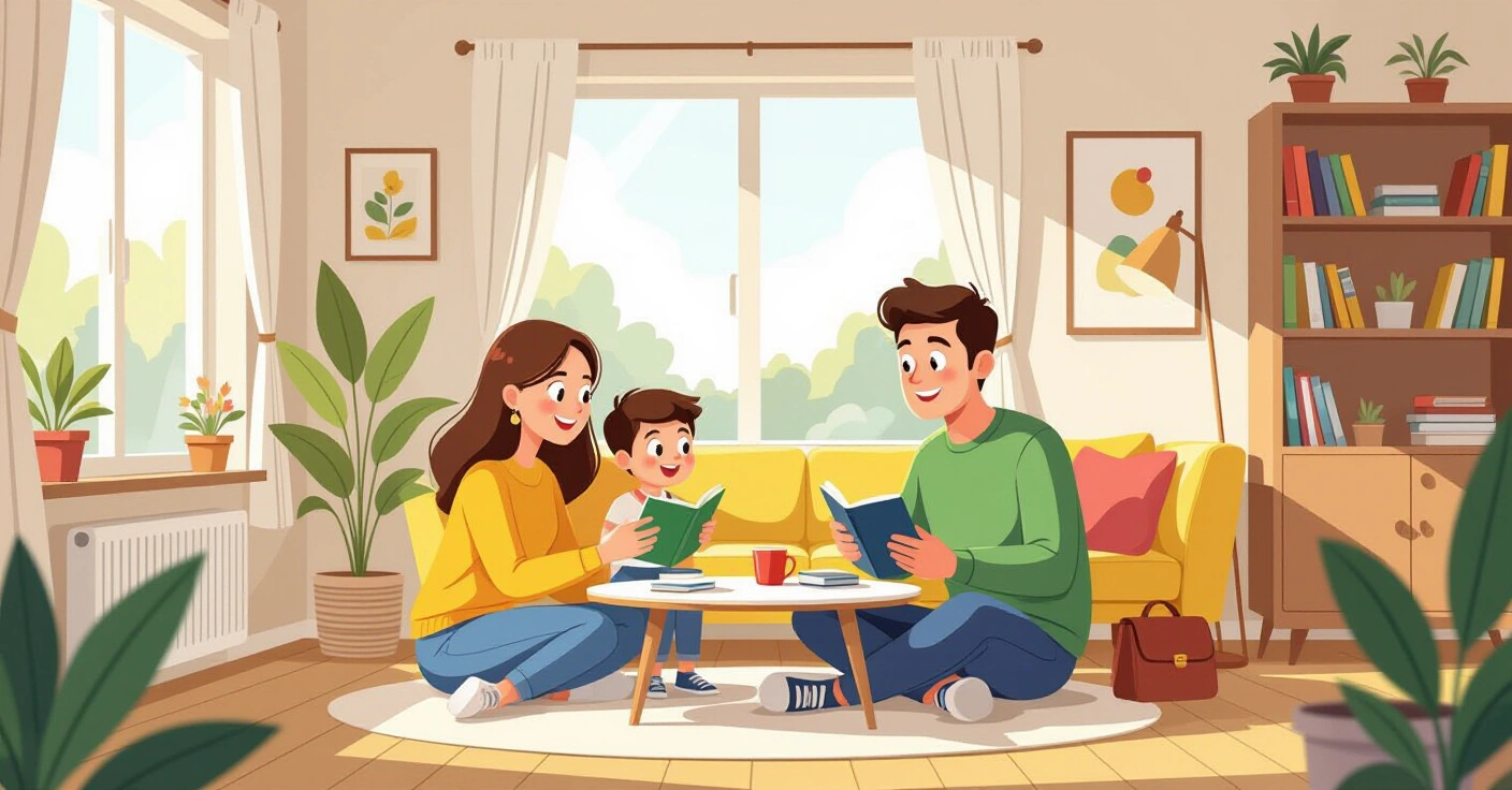 Cha mẹ nước ngoài đọc sách nuôi dạy con cùng bé trong phòng khách kiểu Nhật Bản
