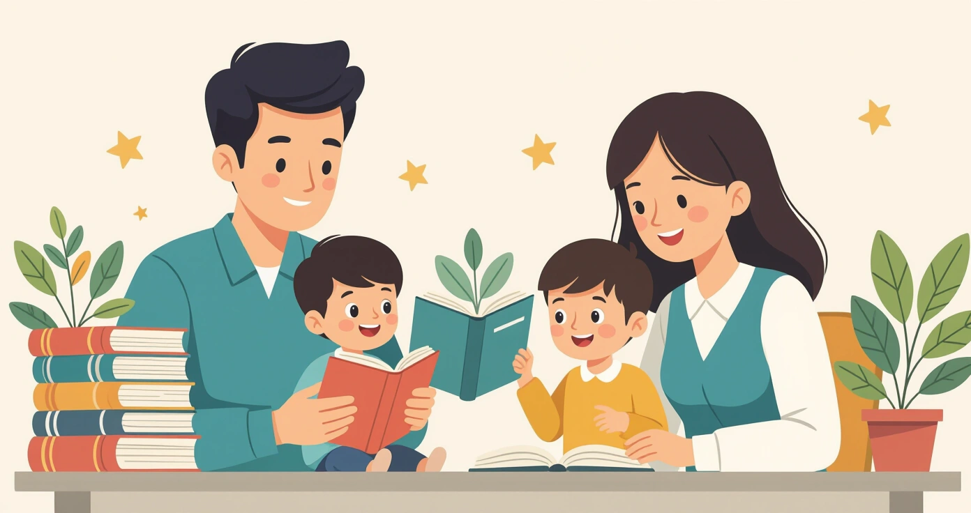 Các cuốn sách nuôi dạy con kiểu Nhật và tài liệu đa ngôn ngữ trên bàn gỗ