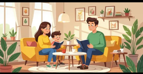 Minh họa cha mẹ nước ngoài đang tìm hiểu thông tin nuôi con tại văn phòng chính quyền Nhật Bản